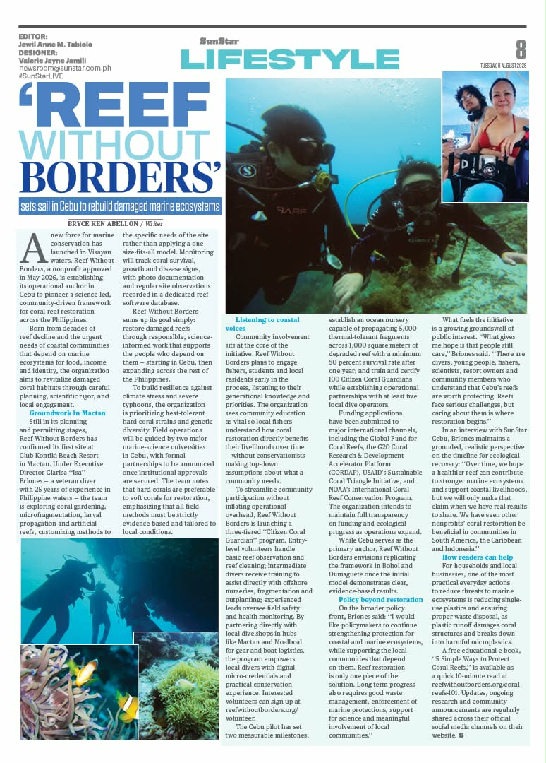 Reef Without Borders featured in SunStar Cebu's Lifestyle section, August 11, 2026